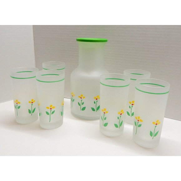 Libbey of Canada Frosted Beverage Carafe 6 Glasses Yellow Flower Telaflora 1985 - Picture 1 of 12